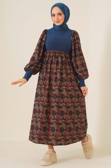 Kadife Garnili Elbise İndigo - Tesettür Elbise