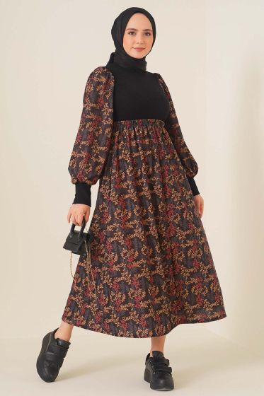 Kadife Garnili Elbise Siyah - Tesettür Elbise