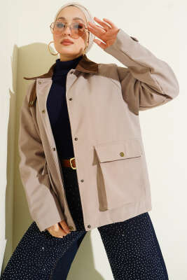 Kadife Gömlek Yaka Cepli Ceket Bej - MODA MERSİ