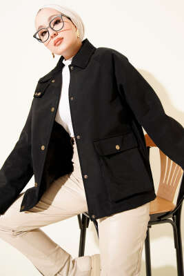 Kadife Gömlek Yaka Cepli Ceket Siyah - MODA MERSİ