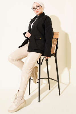 Kadife Gömlek Yaka Cepli Ceket Siyah - Ceket