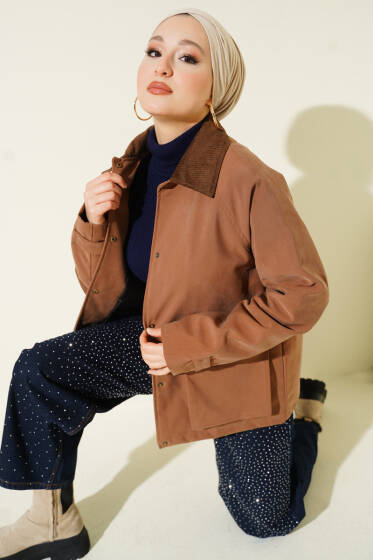 Kadife Gömlek Yaka Cepli Ceket Taba - Ceket