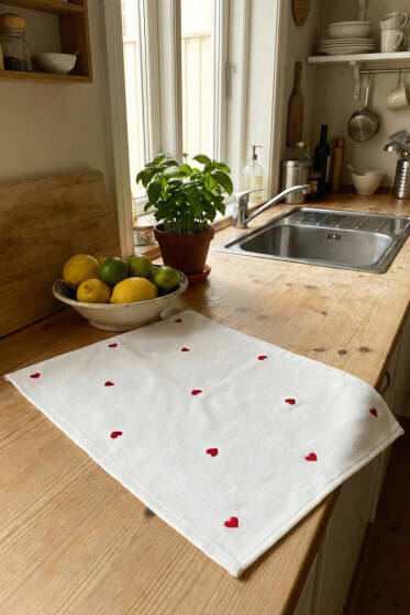 Kadife Kalp Nakışlı Mutfak Havlusu Beyaz - Mutfak Havlusu