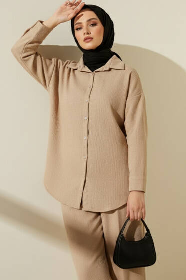 Kadife Kumaş Fitilli İkili Takım Bej - İkili Takım