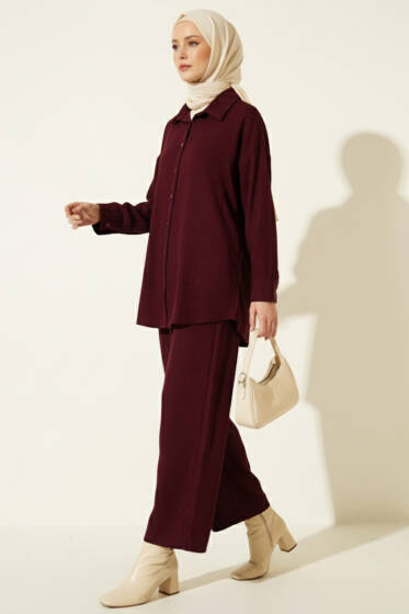 Kadife Kumaş Fitilli İkili Takım Bordo - İkili Takım