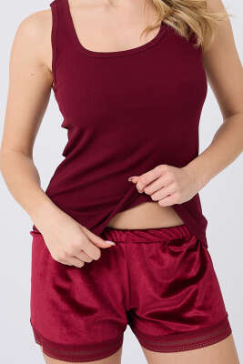 Kadife Şortlu Pijama Takımı Bordo - Pijama & Gecelik