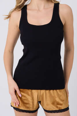 Kadife Şortlu Pijama Takımı Siyah Hardal - Kadın Pijama Takımı