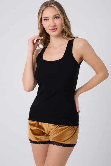 Kadife Şortlu Pijama Takımı Siyah Hardal - Pijama