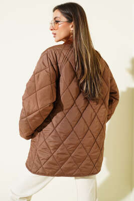 Kadife Yaka Baklava Kapitone Mont Kahve - Kadın Giyim Modelleri