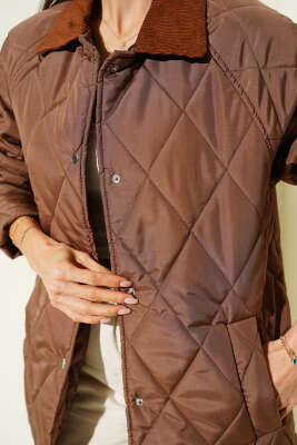 Kadife Yaka Baklava Kapitone Mont Kahve - Kadın Giyim Modelleri