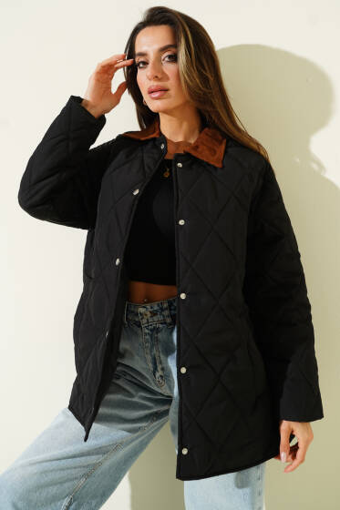 Kadife Yaka Baklava Kapitone Mont Siyah - Kadın Giyim Modelleri