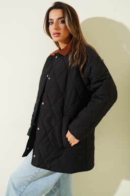 Kadife Yaka Baklava Kapitone Mont Siyah - Kadın Giyim Modelleri