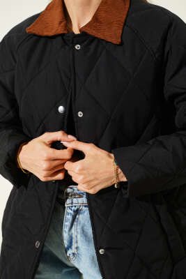 Kadife Yaka Baklava Kapitone Mont Siyah - Kadın Giyim Modelleri