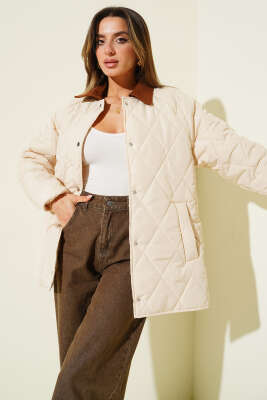 Kadife Yaka Baklava Kapitone Mont Taş - LEVURE