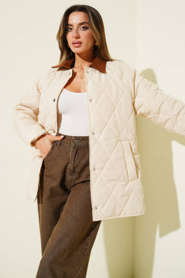 Kadife Yaka Baklava Kapitone Mont Taş - Kadın Giyim Modelleri