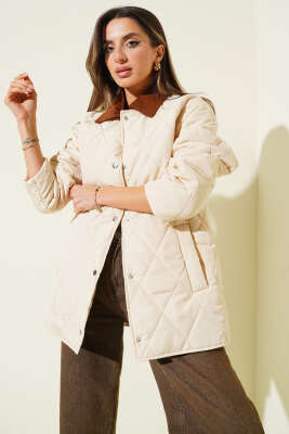 Kadife Yaka Baklava Kapitone Mont Taş - Kadın Giyim Modelleri