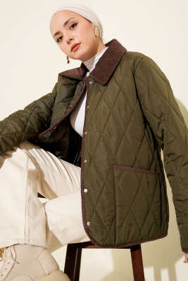 Kadife Yaka Çıtçıtlı Kapitone Mont Haki - BIGDART