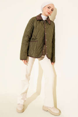 Kadife Yaka Çıtçıtlı Kapitone Mont Haki - Mont