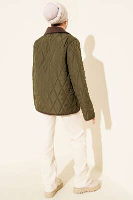 Kadife Yaka Çıtçıtlı Kapitone Mont Haki - Mont