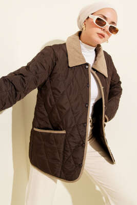 Kadife Yaka Çıtçıtlı Kapitone Mont Kahve - BIGDART