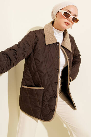 Kadife Yaka Çıtçıtlı Kapitone Mont Kahve - Mont