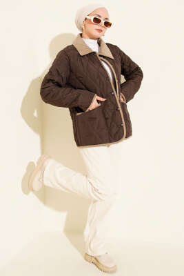 Kadife Yaka Çıtçıtlı Kapitone Mont Kahve - Mont