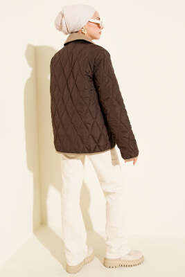 Kadife Yaka Çıtçıtlı Kapitone Mont Kahve - Mont