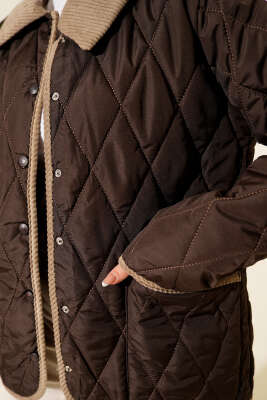 Kadife Yaka Çıtçıtlı Kapitone Mont Kahve - Mont