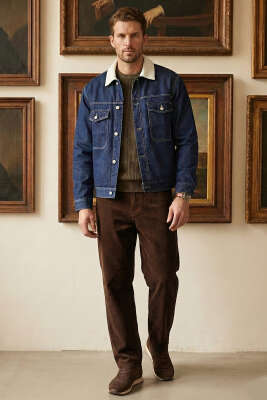 Kadife Yaka Erkek Kot Mont Lacivert - Erkek Mont