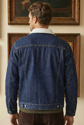 Kadife Yaka Erkek Kot Mont Lacivert - Erkek Mont