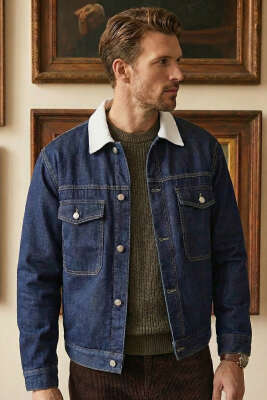 Kadife Yaka Erkek Kot Mont Lacivert - MARTİN MİXS