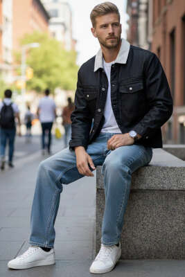 Kadife Yaka Erkek Kot Mont Siyah - Erkek Ceket