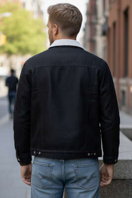 Kadife Yaka Erkek Kot Mont Siyah - Erkek Ceket