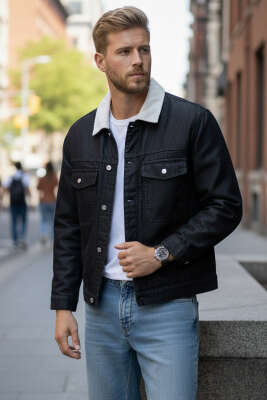 Kadife Yaka Erkek Kot Mont Siyah - MARTİN MİXS