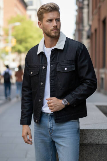 Kadife Yaka Erkek Kot Mont Siyah - Erkek Ceket