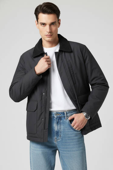 Kadife Yaka Fermuarlı Erkek Mont Siyah - Erkek Mont