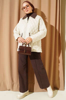 Kadife Yaka Kapitone Mont Bej - Mont