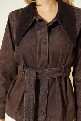 Kadife Yaka Kuşaklı Kısa Kot Ceket Kahve - Kadın Giyim Modelleri