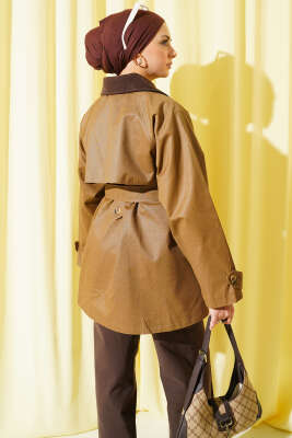 Kadife Yaka Kuşaklı Trençkot Camel - Trençkot