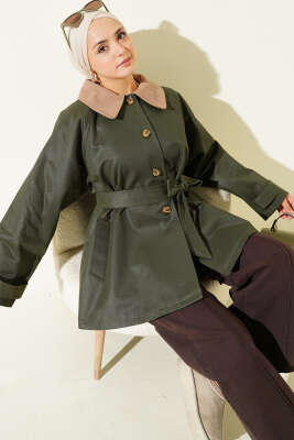 Kadife Yaka Kuşaklı Trençkot Haki - HEWES
