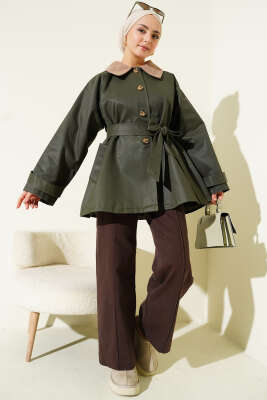 Kadife Yaka Kuşaklı Trençkot Haki - Trençkot