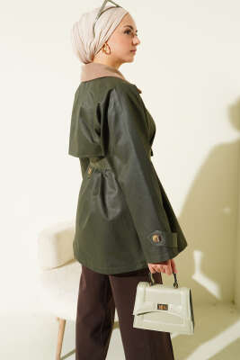 Kadife Yaka Kuşaklı Trençkot Haki - Trençkot