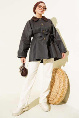 Kadife Yaka Kuşaklı Trençkot Kahve - Trençkot