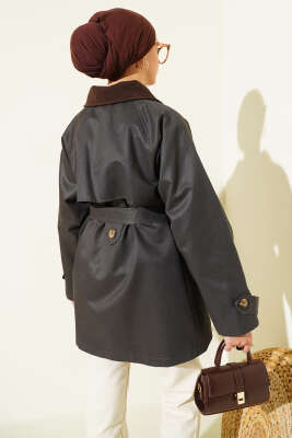 Kadife Yaka Kuşaklı Trençkot Kahve - Trençkot