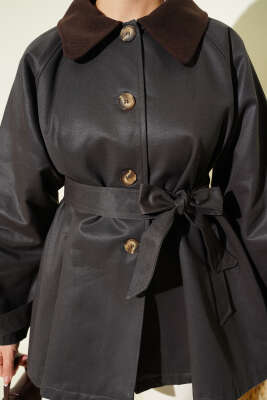 Kadife Yaka Kuşaklı Trençkot Kahve - Trençkot