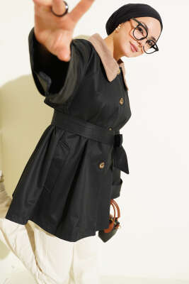 Kadife Yaka Kuşaklı Trençkot Siyah - HEWES