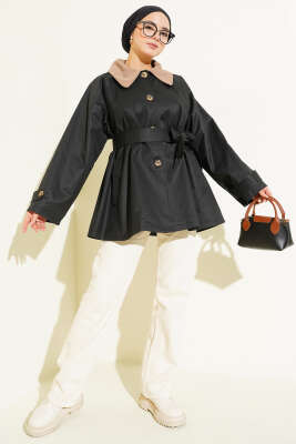 Kadife Yaka Kuşaklı Trençkot Siyah - Trençkot