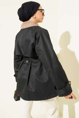 Kadife Yaka Kuşaklı Trençkot Siyah - Trençkot