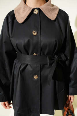 Kadife Yaka Kuşaklı Trençkot Siyah - Trençkot