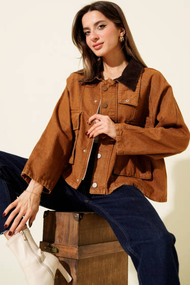 Kadife Yaka Oversize Kısa Ceket Taba - Kadın Giyim Modelleri
